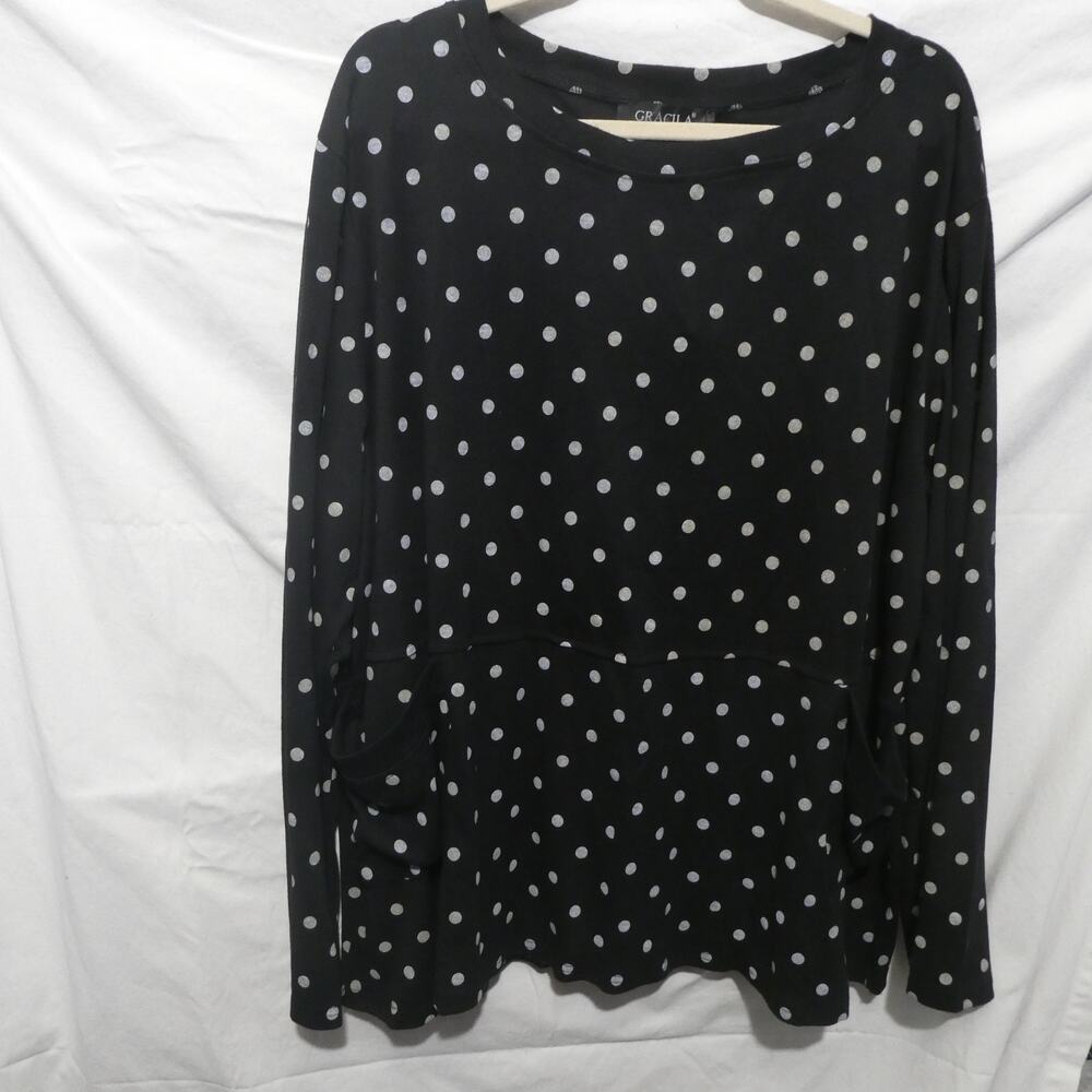 Gracila Blouse 5XL Long sleeve Black and‎ Gray Polka dot pockets